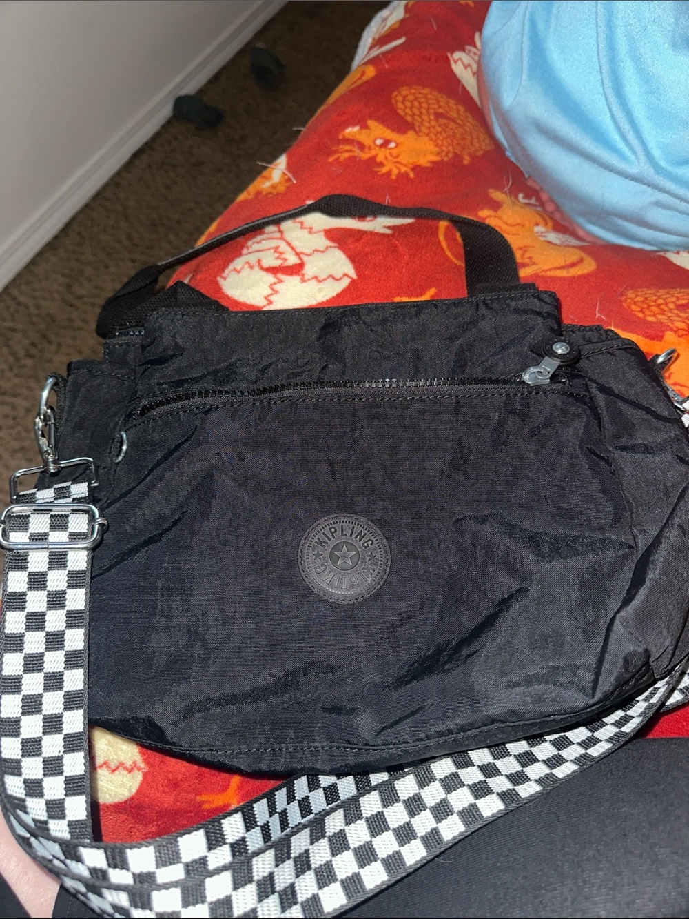 Kipling Black Nylon Messenger Bag with Checker Strap